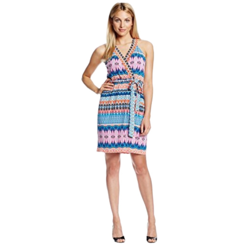 NWT LAUNDRY BY SHELLI SEGAL Mandarin Red Multi Patterned Sleeveless Wrap Dress 0